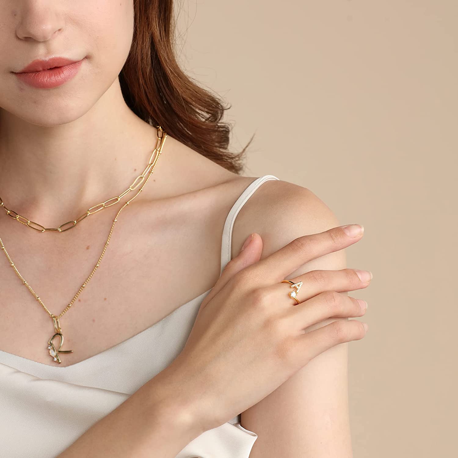 Haoze Initial Letter Ring for Women Girls Gold Stackable Alphabet Rings with Initial Adjustable Crystal Inlaid Initial Rings Bridesmaid Gift - Image 4